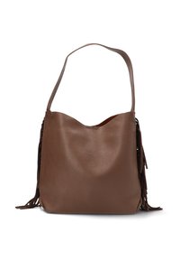 Bolso de hombro de cuero marrón con un acabado suave y texturizado y una parte superior curvada. Presenta acentos de flecos largos a lo largo de los lados.