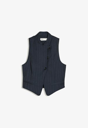 Veste sans manches bleu marine foncé à fines rayures verticales, fermeture asymétrique à boutons et deux poches passepoilées à l'avant.