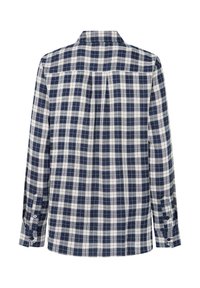 Mörkblå och vit rutig skjorta med långa ärmar och knäppte manschetter, visad bakifrån på en vit bakgrund.