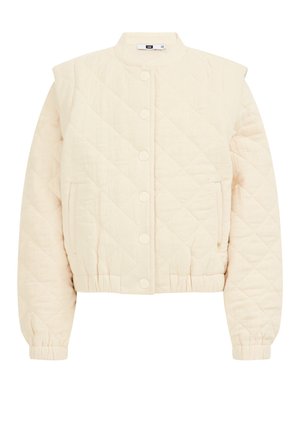 Cremefarbene, gesteppte Jacke mit Druckknöpfen, elastischen Bündchen und Saum, rundem Kragen und Seitentaschen.