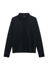 Camicia nera a maniche lunghe con texture in pizzo, chiusura a bottoni sul davanti e colletto e polsini neri a tinta unita a contrasto. Senza motivi o dettagli.