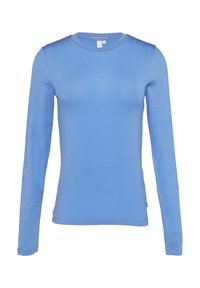 Langarmhemd aus weichem blauen Stoff, mit rundem Halsausschnitt und schlanker Passform, ohne sichtbare Muster oder Ausstattung.