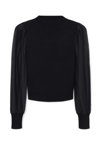 Maglione nero con scollatura rotonda a coste, corpetto aderente e maniche puff trasparenti. Polsini e orlo elasticizzati con una texture liscia.