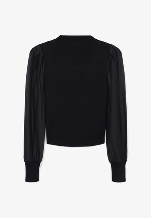 Pull noir avec un col rond côtelé, un corps ajusté et des manches bouffantes en tulle. Poignets et ourlet extensibles avec une texture lisse.