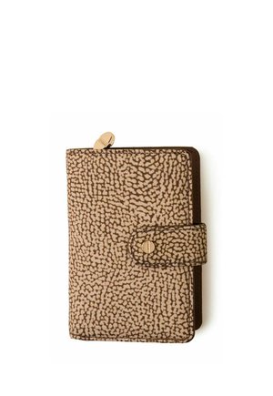 Portefeuille beige et marron à motif avec fermeture à bouton-pression et petit curseur doré.
