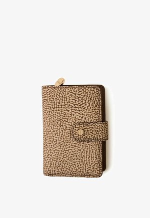 Beige and brown patterned wallet with snap button closure and small gold-tone zipper pull tab.