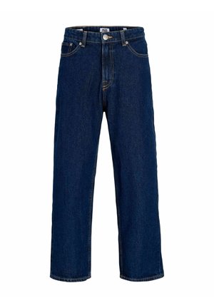 Mørkeblå straight-leg denim jeans med forreste knap- og lynlåslukning, bæltestropper og fem-lomme styling.