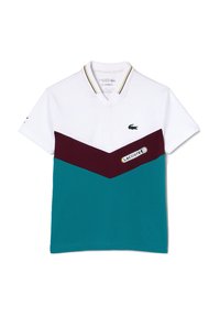 Koszulka polo z białą górą, maroon i teal wzdłużnymi pasami w kształcie zygzaka, z teksturowanej tkaniny, z żebrowanym kołnierzykiem oraz logo Lacoste.