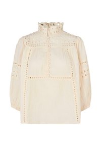 Leichte cremefarbene Bluse mit hohem Rüschkragen, Stickerei mit Augenlöchern und Knopfverschluss vorne. Verfügt über Puffärmel und einen lockeren Schnitt.