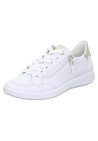 White leather sneaker with a low-top design, flat laces, gold-accented heel, and a side zipper detail for easy wear. Smooth texture throughout.