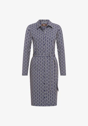 Blauwe gestippelde jurk met lange mouwen, kraaghals, getailleerde taille en een knielange snit met een geometrisch cirkeldesign in roomkleur.