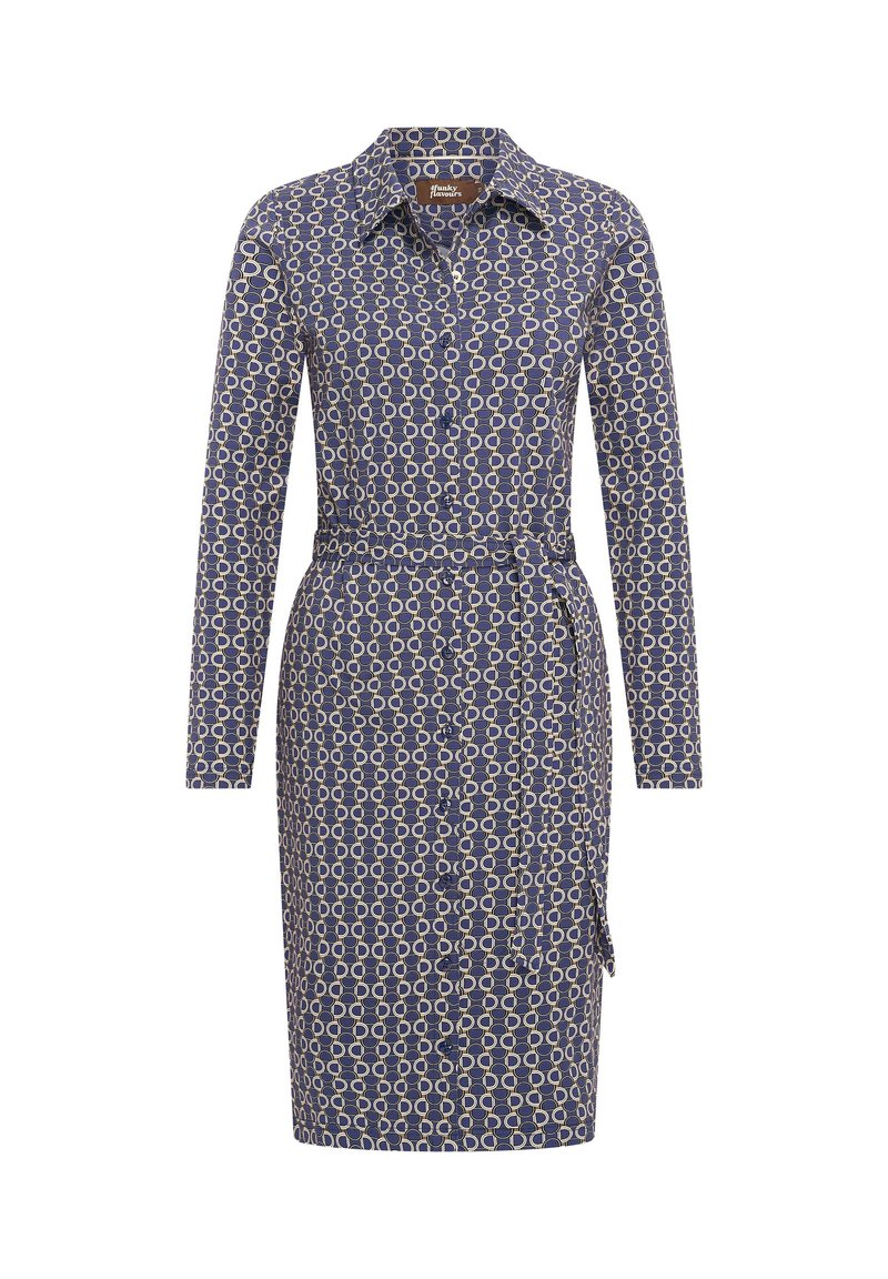 Modré šaty se vzorem, dlouhými rukávy, límečkem, stahovaným pasem a délkou po kolena, s geometrickým designem kruhů v krémové barvě.