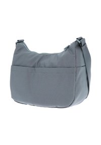 Borsa a spalla in tessuto grigio con superficie testurizzata, chiusura con zip e tracolla regolabile. Presenta una tasca frontale per ulteriore spazio di archiviazione.