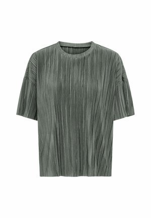 Top corto a maniche corte plissettato in verde pallido. Presenta un collo rotondo e una vestibilità ampia, con righe verticali che creano un effetto onda.