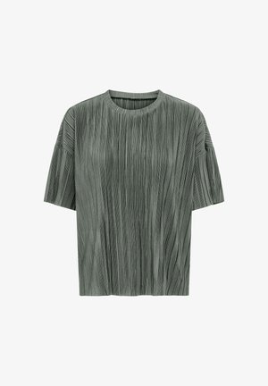 Plisserte teksturert t-skjorte med korte ermer i dempet grønn. Har rund hals og løs passform, med vertikale striper som skaper en bølgeeffekt.