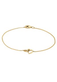 Bracelet en or avec un design de chaîne délicate, orné de deux charms en forme de cœurs entrelacés et d'une fermeture à boucle sécurisée.