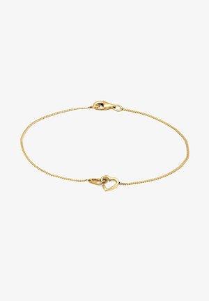 Gouden armband met een delicate kettingontwerp en twee in elkaar grijpen hartjesbedels, met een veilige sluiting.