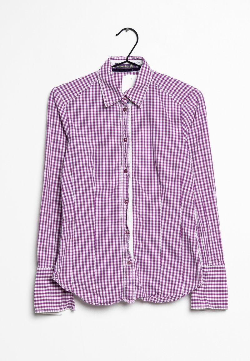 Chemise à manches longues en motif vichy violet et blanc, dotée d'un devant à boutons, d'un col et d'un ourlet arrondi avec des manches à poignets.