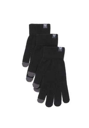 Schwarze gestrickte Handschuhe mit einem gerippten Design, mit grauen Spitzen an den Fingern und Logo-Tags. Verkauf im Dreierpack.