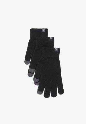 Gants en tricot noir avec un design côtelé, présentant des bouts de doigts gris et des étiquettes de logo. Vendu par pack de trois.
