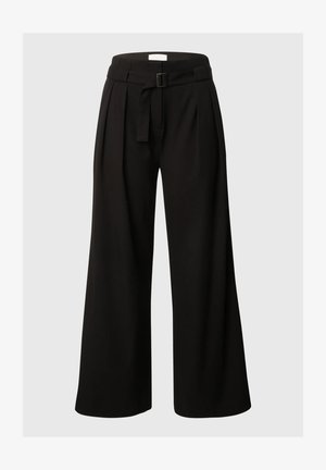 Pantaloni neri a gamba larga con vita alta, dotati di una cintura in tessuto abbinato e un design frontale plissettato, realizzati in un materiale morbido e strutturato.