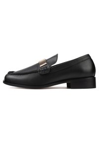 Black leather loafers with a low block heel, featuring a stitched design, decorative strap, and smooth texture. Simple, classic silhouette.
