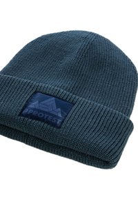 Knit beanie in dark blue with a folded cuff. Features a textured pattern and a dark blue fabric logo patch on the front.