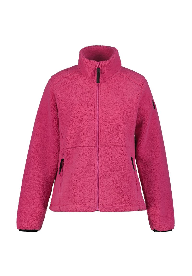 Fleece jack in helderroze met een volledige rits, hoge kraag, twee voorzakken en zwarte accenten bij de rits en manchetten.