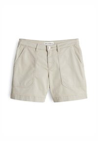 Shorts beiges à coupe classique, avec une fermeture à bouton et deux poches avant en biais. Fabriqués en tissu doux et lisse avec un minimum de coutures.