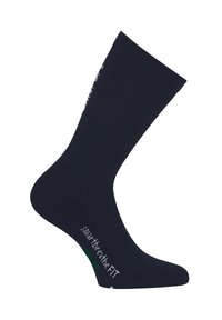 Mørkeblå sok i ribbet stof. Har kontrasterende tekst og logo nær anklen, som fremhæver en tætsiddende, tapered pasform.