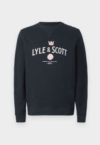 Navy sweatshirt featuring "LYLE & SCOTT" logo in white and pink. Crew neck, long sleeves, ribbed cuffs, and hem. Thick, textured fabric.