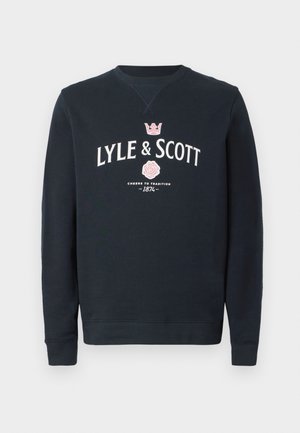 Mørkeblå sweatshirt med "LYLE & SCOTT" logo i hvid og pink. Rund hals, lange ærmer, ribstrikkede manchetter og nederste kant. Tyk, tekstureret stof.