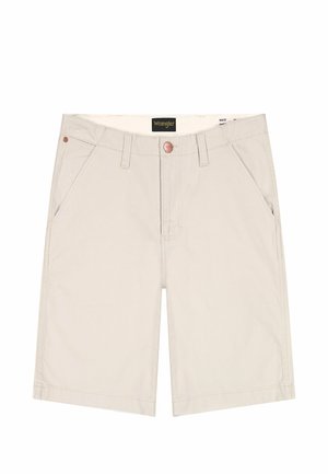 Hellbeige Baumwollshorts mit geradem Schnitt, Vordertaschen, Ziernähten und einer runden Metallknopfleiste am Bund. Wrangler-Label innen.