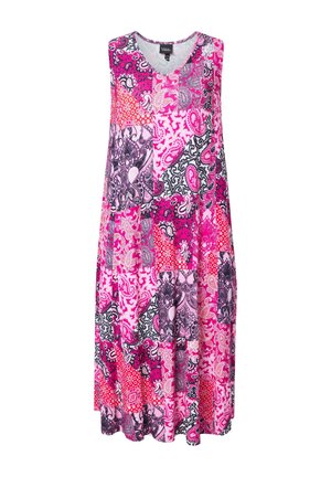 Mouwloze A-lijn jurk met ronde hals, voorzien van een levendig patchwork paisley patroon in roze, rood, zwart en wit.