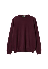Maglione bordeaux realizzato in morbido tessuto a maglia, con scollo rotondo, maniche lunghe e polsini e orlo a coste, dal design comodo e rilassato.