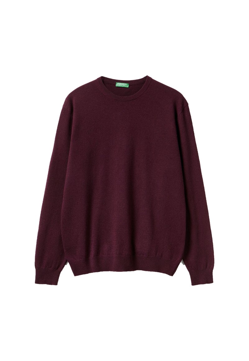 Maglione bordeaux realizzato in morbido tessuto a maglia, con scollo rotondo, maniche lunghe e polsini e orlo a coste, dal design comodo e rilassato.