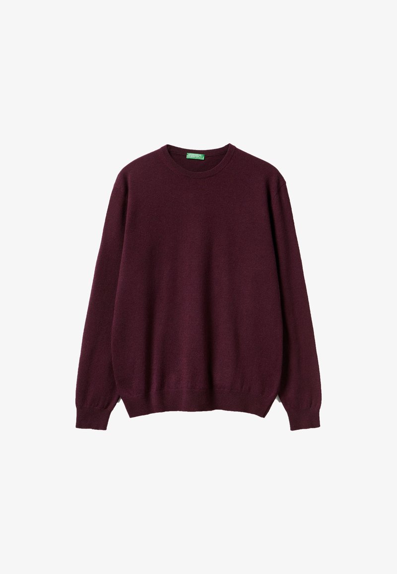 Bordeauxfarbener Pullover aus weichem Strickstoff mit Rundhalsausschnitt, langen Ärmeln und gerippten Bündchen sowie Saum im lässigen Schnitt.