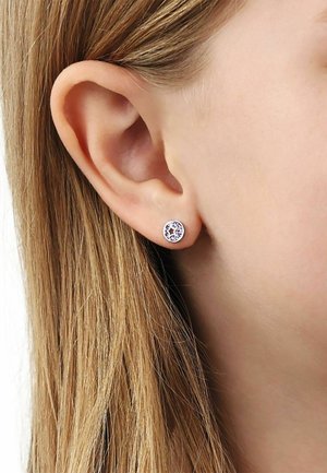 Gros plan de l’oreille d’une personne à la peau claire avec des cheveux blonds raides portant une petite boucle d’oreille ronde en argent avec des pierres violettes.
