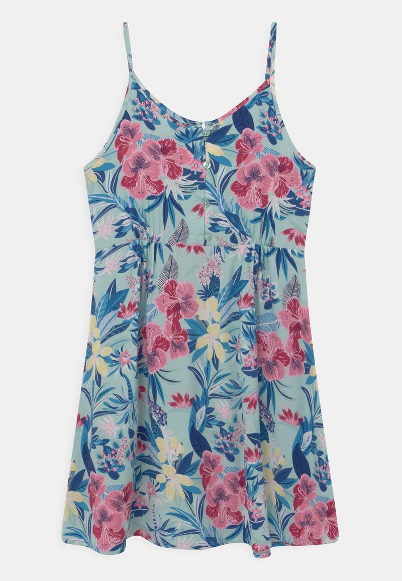 Robe bleu clair sans manches avec imprimé floral rose, jaune et bleu, fines bretelles, devant boutonné et taille froncée.
