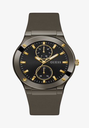 Schwarz-ziffernblatt Uhr mit goldenen Akzenten, verfügt über drei Unterzifferblätter, kräftige Stundenmarkierungen und ein matt graues Silikonarmband. Metallgehäuse und Krone.