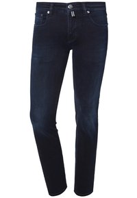Tmavě modré džínové kalhoty se slim fit, s zapínáním na zip, knoflíkovým uzávěrem, pěti kapsami a jemným vyblednutím na stehnech.