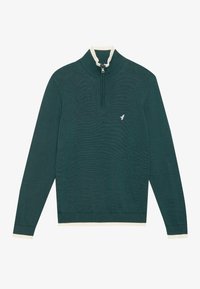 Pulover verde închis cu guler înalt, fermoar scurt și margini contrastante albe la guler și manșete. Prezintă un model texturat subtil.