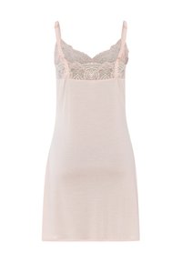 Vestito da notte rosa chiaro con design in pizzo sul corpo, spalline regolabili e una texture morbida e liscia. La lunghezza arriva sopra il ginocchio.
