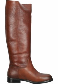 Botte d'équitation haute en cuir marron avec talon bas et bout arrondi, texture lisse et détails subtils de couture.