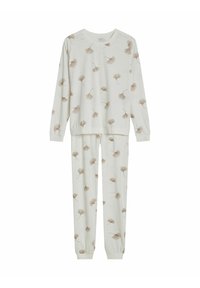Light gray pajama set made of soft fabric, featuring a leaf pattern in muted beige, with long sleeves and elastic cuffs at wrists and ankles.