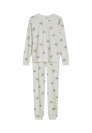 Jasnoszary zestaw piżamowy wykonany z miękkiej tkaniny, z liściastym wzorem w stonowanej beżu, z długimi rękawami i elastycznymi mankietami na nadgarstkach i kostkach.