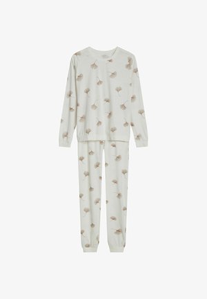 Jasnoszary zestaw piżamowy wykonany z miękkiej tkaniny, z liściastym wzorem w stonowanej beżu, z długimi rękawami i elastycznymi mankietami na nadgarstkach i kostkach.
