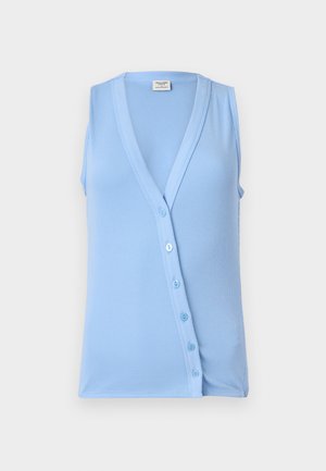 Top senza maniche di colore azzurro chiaro con scollatura a V e chiusura a bottoni, caratterizzato da una texture a costine e una forma aderente. Tessuto morbido e dettagli sottili.