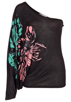 Top nero monospalla con manica lunga, caratterizzato da una grande stampa floreale rosa e verde sulla manica e sul davanti.