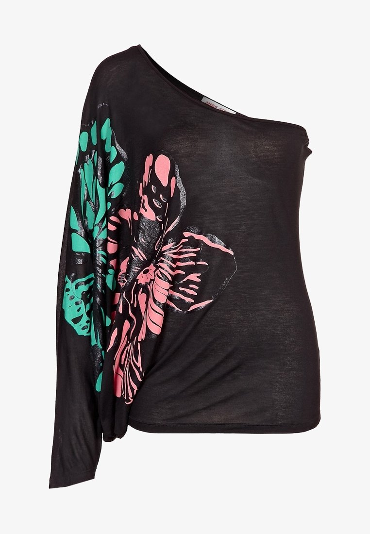 Haut noir asymétrique à une épaule avec une manche longue, décoré d'un grand imprimé floral rose et vert sur la manche et le devant.